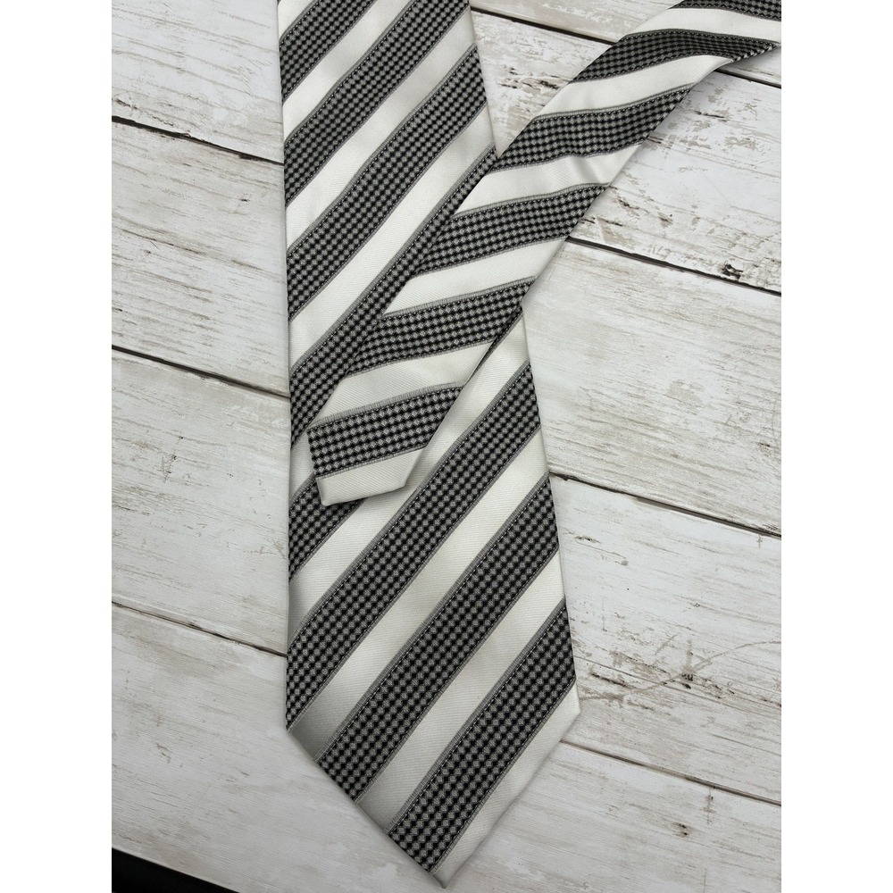 MENZ Men's Striped Houndstooth Silk Blend Necktie Black White Gray Classic